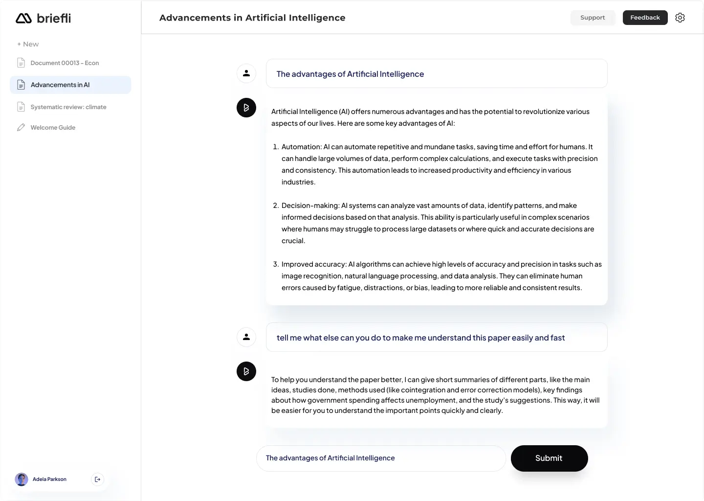 Briefli application interface